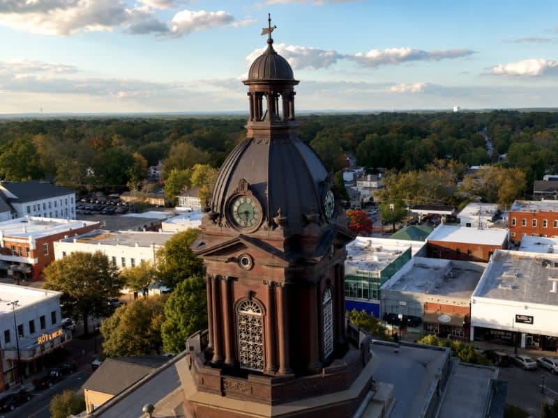 Land surveying in Newnan Georgia with an aerial view of the historic courthouse and downtown district