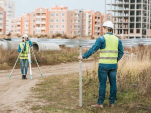 ALTA survey crew measuring a commercial redevelopment site