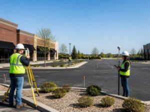 ALTA survey crew mapping shared parking areas between commercial properties