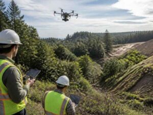 Drone LiDAR mapping in Newnan GA capturing detailed terrain data across steep slopes, wooded areas, and difficult-to-access land.