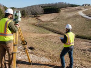 Topographic survey in Newnan GA showing a land surveyor collecting elevation data across sloped terrain for grading, drainage, and building planning.