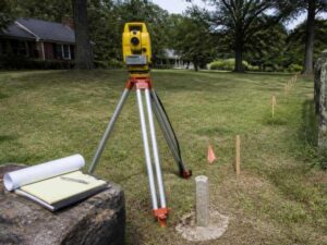 Cadastral surveyor in Newnan GA verifying parcel boundaries, property monuments, and land records on a residential lot.
