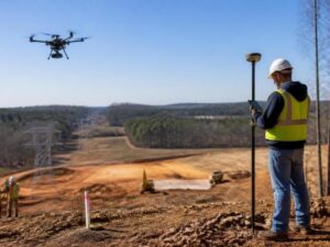 Survey team using GPS and LiDAR mapping technology on a large development site in Newnan, GA.