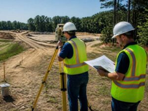 Land surveyor using mapping equipment to document site conditions for development planning in Newnan, GA.